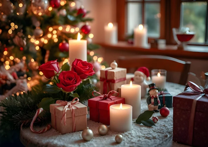 Weihnachtsbaum mit Kerzen und Geschenken