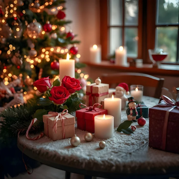 Weihnachtsbaum mit Kerzen und Geschenken