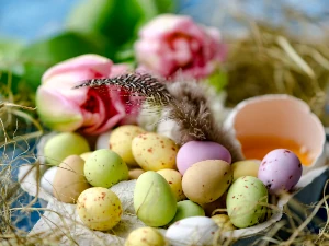 Ostern 2026 - bunt gefärbte Ostereier mit blühenden Tuplen im Hintergrund